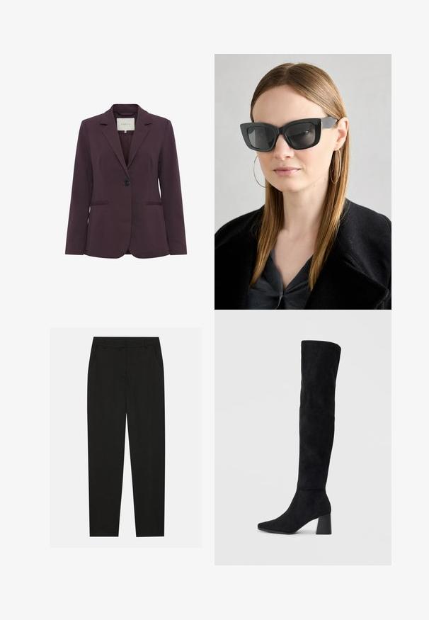 Bordo sako s prilagodbom s jednim gumbom, rever kragnom, dva prednja džepa i glatkom teksturom. Podstava vidljiva na vratu.; Crna bluzica dugih rukava s naboranim detaljima na prednjem dijelu i na zapešćima, izrađena od mekog, rastezljivog materijala s izrezom u obliku čamca.; Crne hlače s krojem po mjeri, s bočnim džepovima i ravnim nogavicama. Izrađene od glatkog, laganog materijala s elegantnim završetkom.; Crne antilop čizme do koljena s blok potpeticom, šiljastim prstom i glatkim, bešavnim dizajnom na običnoj svijetloj pozadini.; Crne mačje naočale s tamnim staklima, debelim okvirima i suptilnim detaljima. Nosit će se s crnim kaputom i sivoj majici, s dugom ravnom kosom.