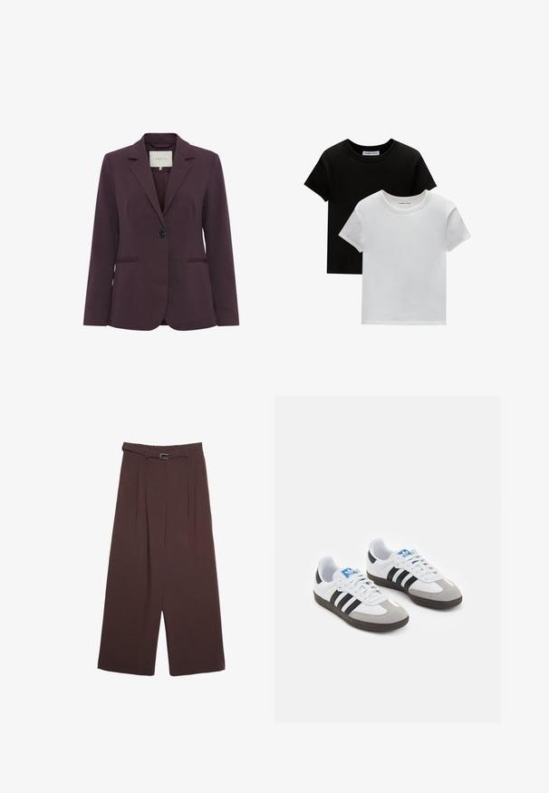 Blazer ajusté bordeaux avec une fermeture à un bouton, col à revers, deux poches avant et une texture lisse. Doublure intérieure visible au niveau du cou.; Deux t-shirts à col rond en noir et blanc, fabriqués en coton. Ils ont des manches courtes et un design uni sans motifs ni accents.; Stradivarius WIDE-LEG WITH BUCKLE DETAIL - Pantalon classique - dark brown; Baskets avec une tige en cuir blanc, un bout en daim gris et trois bandes noires. Présente un logo bleu sur la languette et une semelle en caoutchouc texturée.