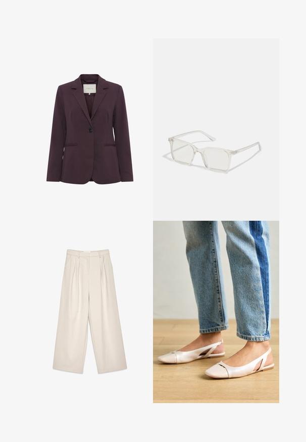 Bordový upravený blejzer s jedným gombíkom, klopovým golierom, dvoma prednými vreckami a hladkým povrchom. Podšitý interiér viditeľný na krku.; Svetlošedé tričko s krátkymi rukávmi a výstrihom do V, vyrobené z mäkkého materiálu; má uvoľnený strih a čisté stehy bez vzorov.; Béžové nohavice s širokými nohavicami a skladkami, s hladkým povrchom a pútkami na opasok. S prevládajúcim strihom, ktorý ponúka voľný strih okolo nôh.; Svetloružové slingback baleríny s jemne špicatou špičkou, vyrobené z hladkého materiálu pripomínajúceho kožu. Majú výrezové detaily na stranách a plochý opätok.; Priehľadné plastové okuliare s námestovými rámami a priehľadnými šošovkami, s kultivovanými zlatými akcentmi na spánkoch pre zvýraznenie detailov.