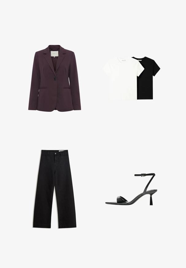 Sacou tailored de culoare cărămizie, cu închidere printr-un singur nasture, guler cu rever, două buzunare frontale și textură fină. Interior captusit vizibil la gât.; Două tricouri cu mânecă scurtă, unul alb și unul negru, fabricate din bumbac. Ambele au un guler rotund și un design simplu, clasic.; Pantaloni din denim negri cu picioare largi, cu talie înaltă, având buzunare frontale și posterioare, cusături dublate și închidere cu nasture. Textură netedă.; Bershka Sandale cu toc - black