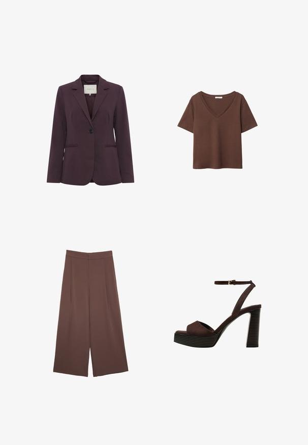 Bordová upravená sako s jedním knoflíkem, klopovým límcem, dvěma předními kapsami a hladkou texturou. Podšitý vnitřek viditelný na krku.; Hnědý bavlněný tričko s krátkými rukávy a hlubokým V-výstřihem. Jednoduchý design, měkká textura a rovný lem. Žádné vzory ani akcenty.; Hnědé široké kalhoty s hladkou texturou, vysokým pasem a předními záhyby. Materiál je lehký a volně splývá.; Hnědé semišové sandály na vysokém podpatku s otevřenou špičkou, nastavitelným páskem kolem kotníku a proužkovou platformou.