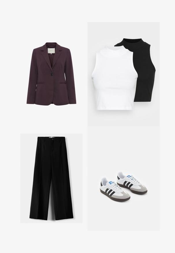 Maronfarvet skræddersyet blazer med en enkelt knaplukning, reverskrave, to frontlommer og en glat tekstur. Fodret indre synligt ved halsen.; To kjoleløse ribbede turtleneck-toppe i sort og hvid, med en tætsiddende design og glat tekstur, samt cropped længde.; Sorte brede bukser lavet af letvægtsstof, med frontknaplukning og glat front, samt pænt syede kanter.; Sportsko med en overdel i hvid læder, grå ruskind på tåen og tre sorte striber. Har et blåt logo på tungen og en struktureret gummisål.