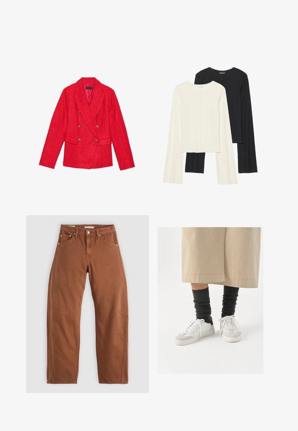 Crveni tweed sako s dvostrukim zatvaranjem, zlatnim kopčama, reverima u obliku slova "notch" i dva prednja džepa. Teksturirani završetak tkanine.; Set od dvije duge majice s dugim rukavima u bijeloj i crnoj boji. Rebrasta tekstura, okrugli izrez, uski kroj s blago raširenim rukavima.; Traperice ravnog kroja u smešnoj smešnoj smešnoj boji, s prednjim i stražnjim džepovima, metalnim zakovicama, kopčanjem na dugme i petljama za remen, položene ravno na beloj pozadini.; Bijele i sive tenisice s crnim naglaskom na peti, s glatkim kožnim gornjim dijelom i strukturiranim antilopom na prstima. Nosit će se s tamnosivim, labavim čarapama.