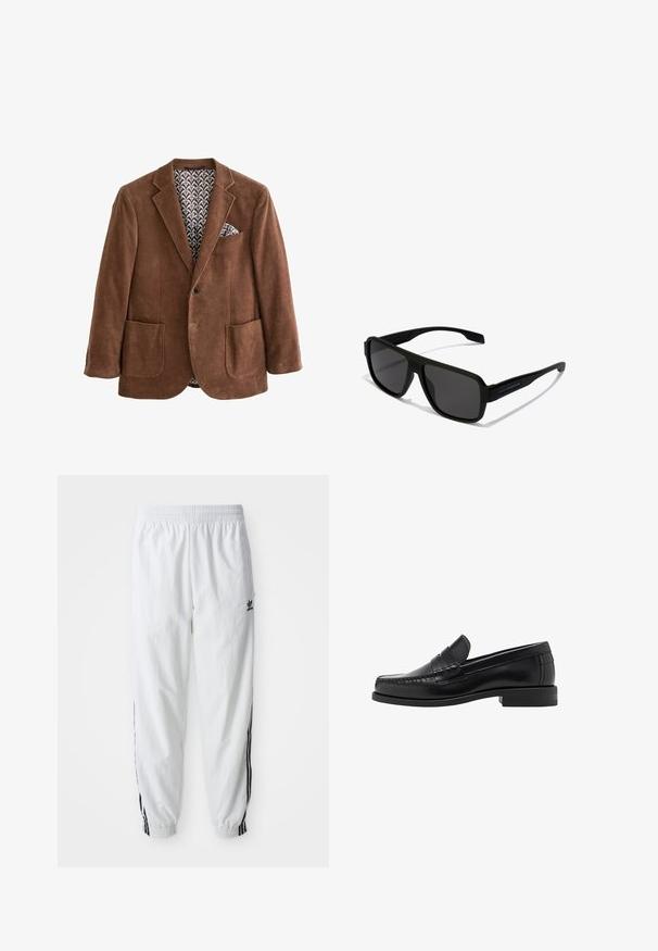 Hnedý kordúrový blazer s klopingovými lapelmi, dvoma prednými vreckami a vzorovanou podšívkou. Obsahuje kapesníček vo vrecku na hrudi.; Čierna mikina s kapucňou a prednou kapsou, voľný strih, rebrované manžety a lem. Vyrobená z hrubej tkaniny, s šnúrkami na kapucni.; Biele športové nohavice s čiernymi bočnými pruhmi, elastickým pásom a manžetami; na ľavom stehne je logo Adidas. Hladká textúra látky.; Čierne kožené loafers s hladkým povrchom, prešívané detaily na špičke a nízky dizajn podpätku pre pohodlie a štýl.; Hawkers PARLAY - Slnečné okuliare - black