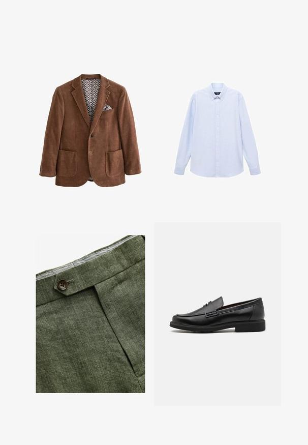 Brun kordfløjl blazer med almindelige lapeller, to forlommer og et mønstret indvendigt foer. Har en lommetørklæde i brystlommen.; Lyseblå langærmet skjorte med knapper og klassisk krave, lige bund og subtil tekstur. Har en central knaplukning.; Olivenfarvede linnedbukser med en frontfold, prydet med en knaplukning og et kontrastfarvet ternet for i taljebåndet.; Sorte syntetiske loafers med en fremtrædende syet front, polstret indersål og flad gummiydersål; slankt design med minimal detaljer.