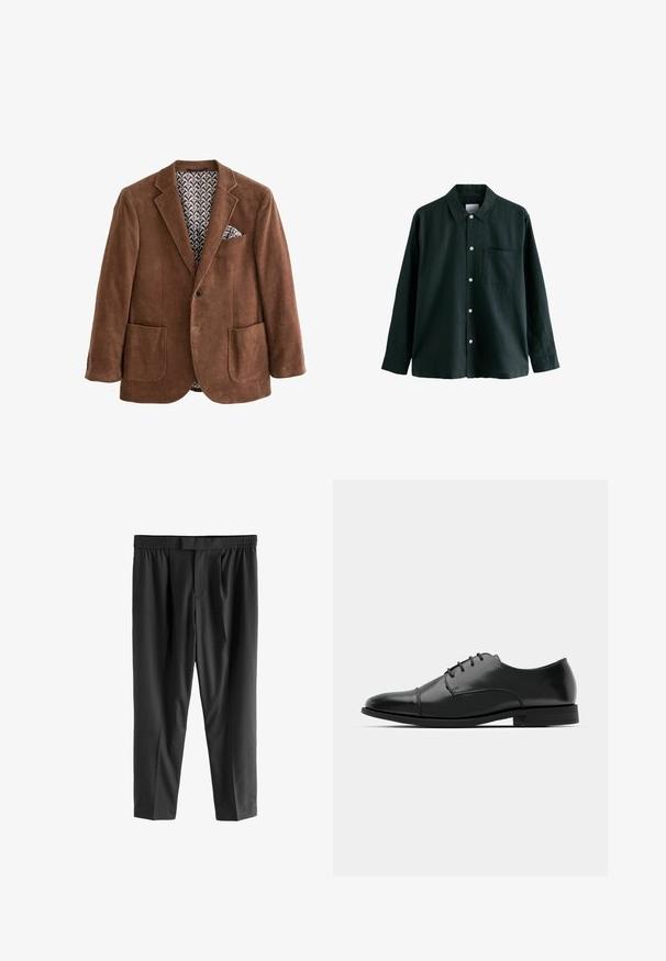Brauner Corduroy-Blazer mit Reverskragen, zwei Vorderaschen und einem gemusterten Innenfutter. Verfügt über ein Einstecktuch in der Brusttasche.; Dunkelgrünes Hemd mit Knöpfen, einem Kragen, langen Ärmeln und einer einzelnen Brusttasche; verfügt über weiße Knöpfe und eine weiche Textur.; Next REGULAR FIT -CHECK SMART - Chino - black; Schwarzer Leder-Dieerschuh mit runder Zehenform, Schnürdesign, dezenten Nähdetails und niedrigem Absatz. Glatte Textur mit polierter Oberfläche.