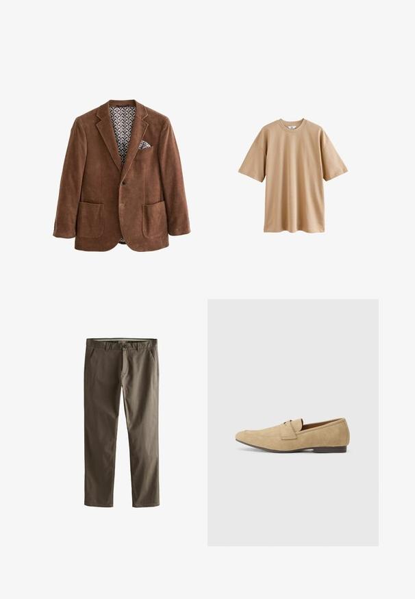 Brązowa marynarka z korduroy i klapami, z dwiema przednimi kieszeniami oraz wzorzystą podszewką. Posiada poszetkę w kieszeni na piersi.; Beżowa koszulka z krótkim rękawem, wykonana z bawełny, z okrągłym dekoltem i luźnym krojem. Posiada gładką strukturę, bez wzorów czy ozdobników.; Brązowe bawełniane chinosy o prostym kroju, z przednimi kieszeniami i zapięciem na guzik. Charakteryzują się gładką fakturą i prostymi liniami.; Beżowe zamszowe mokasyny z lekkim połyskiem, z okrągłym noskiem, zakładanym fasonem i niskim brązowym obcasem. Subtelne detale przeszycia.