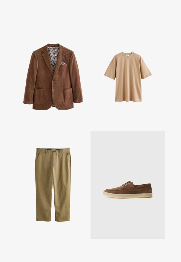 Brūna korduroja žakete ar ar notch lapel, divām priekšējām kabatām un rakstainu iekšējo odere. Iekļauta kabatas lakatiņš krūšu kabatā.; Kreklus piedurkņu bēšs T-krekls, izgatavots no kokvilnas, ar apaļu kakla izgriezumu un brīvu piegriezumu, ar gludu tekstūru un bez rakstiem vai akcentiem.; Kaki chinos no kokvilnas auduma, ar divām sānu kabatām, pogu aizdari, taisnām kājām un gludu tekstūru.; Brūni zamša apavi ar zemu profilu, auklētu dizainu, gumijas zoli un kontrastējošiem šuvumiem. Vienkāršs un funkcionāls stils.