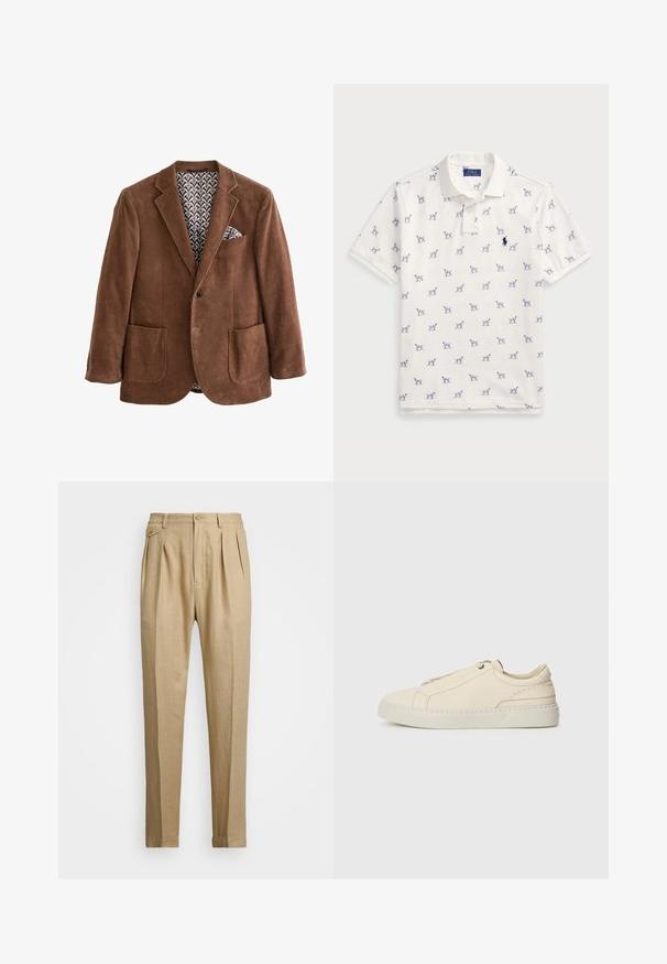 Blazer en velours côtelé marron avec revers crantés, deux poches avant et une doublure intérieure à motifs. Présente un mouchoir de poche dans la poche poitrine.; Polo blanc en coton, avec un motif répété de chiens bleus et un petit logo bleu sur la poitrine. Manches courtes et col.; Pantalons en lin beige avec une coupe droite, arbore deux pinces à l'avant, une fermeture à bouton et des poches latérales. Tissu texturé avec une finition lisse.; Baskets en cuir beige avec une toe arrondie, un design minimaliste, des détails de couture subtils et une tige texturée, sur une semelle claire.