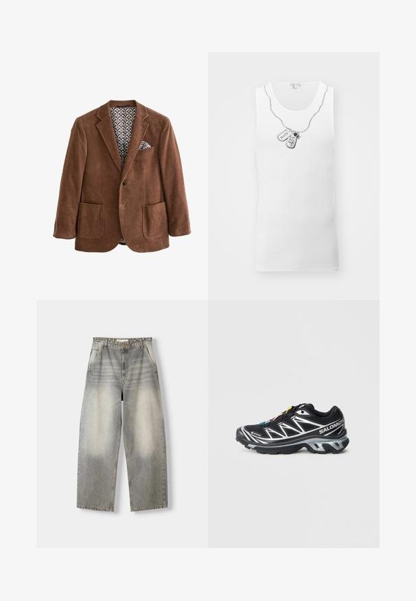 Blazer in velluto a coste marrone con revers a libretto, due tasche frontali e fodera interna a motivo. Presenta un fazzoletto nel taschino del petto.; Canotta bianca a coste con una grafica di catena argentata e due dog tag che riportano i testi: "ODIO" e "COMPASSIONE."; Jeans a gamba larga in un lavaggio grigio chiaro. Presentano una finitura sbiadita, cinque tasche e una chiusura con bottone. Il materiale è denim morbido.; Scarpa da corsa nera con accenti argento, materiale GORE-TEX, suola testurizzata e lacci colorati. Presenta un tallone imbottito per supporto.