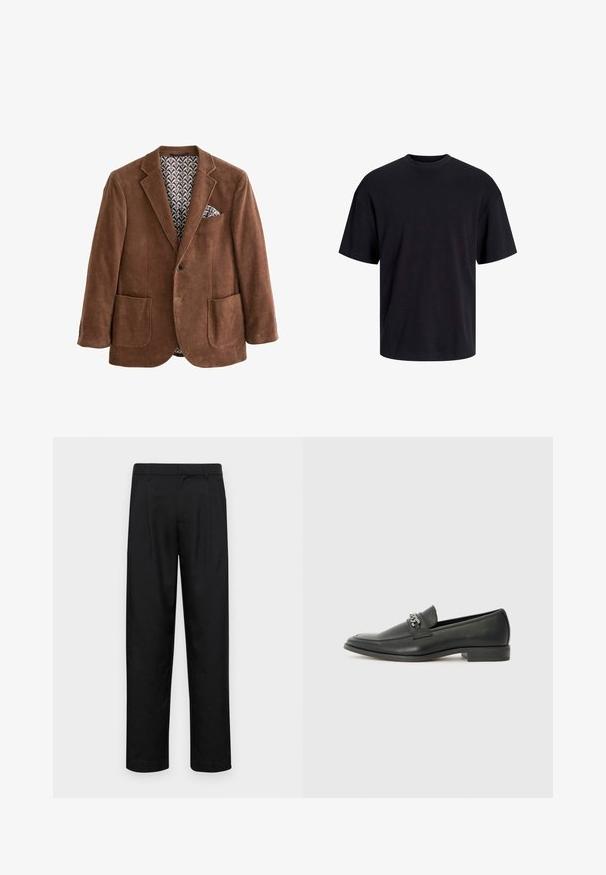 Brun kordflorsblazer med notch-lapeller, två framfickor och ett mönstrat innerfoder. Har en fickduk i bröstfickan.; Svart bomullströja med rundad halsringning, korta ärmar och avslappnad passform. Slät textur utan synliga mönster eller detaljer.; Svarta byxor i slät väv, med rak ben-design, två framfickor och standardmidja med bälteshällor.; Svart läderloafers med en slät yta, med en sydd design och en dekorativ metallkedjeaccent över västen. Platt häldesign.