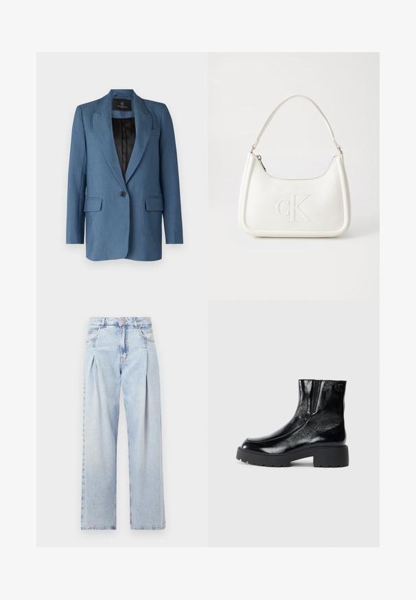 Bruuns Bazaar CINDYSUS - Suknjič - indian teal; Bela bombažna majica s kratkimi rokavi, okroglo izrezana in ohlapnega kroja. Gladka tekstura, brez vzorcev ali dodatkov, minimalističen dizajn.; Svjetloplave traperice visoko struka, širokog kroja, s dva bočna djepa i naboranim dizajnom. Mekana tekstura s izblijedjelim završetkom.; Črne gležnarje z sijajnim patentiranim usnjem, debele črne gumijaste podplate in dvignjen petni del; vključujejo subtilen logotip na strani.; Bela usnjena torbica s ukrivljeno obliko, ki na sprednji strani nosi vžgano logo "CK" in ima eno naramnico. Zadrga za zapiranje na vrhu.