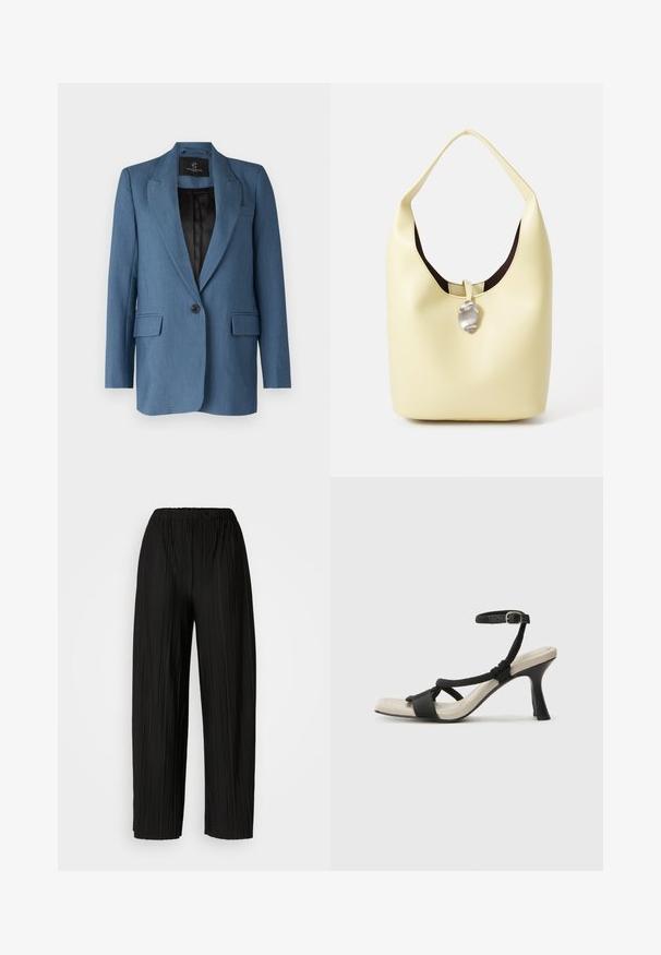 Bruuns Bazaar CINDYSUS - Blazer - indian teal; Hvit ribbet T-skjorte med rund hals og ermer til albuen. Laget av mykt materiale med en jevn tekstur. Merke synlig ved halsen.; Svart, pregede bukser med løs midje som har bred benvidde. Stoffet har vertikale folder og en glatt tekstur.; Sorte helårs sandaler med flettet stroppesdesign, firkantet tå og justerbar ankelrem. Lys beige fotseng med glanset svart hæl.; Hobo veske i myk gul lær med en avrundet form. Har en glatt overflate, mørk innvendig fôr og et sølvfarget detalj ved lukking.