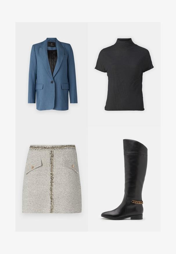 Bruuns Bazaar CINDYSUS - Blazer - indian teal; Black short-sleeve turtleneck top made of lightweight fabric with a smooth texture and a fitted shape, featuring a high neckline.; Woven tweed skirt in white and black herringbone pattern, features two front pockets and a gold-tone zipper at the back with frayed edges.; Tall black leather boots with a sleek design, pointed toe, and a gold chain accent at the ankle. Low block heel. Smooth texture.