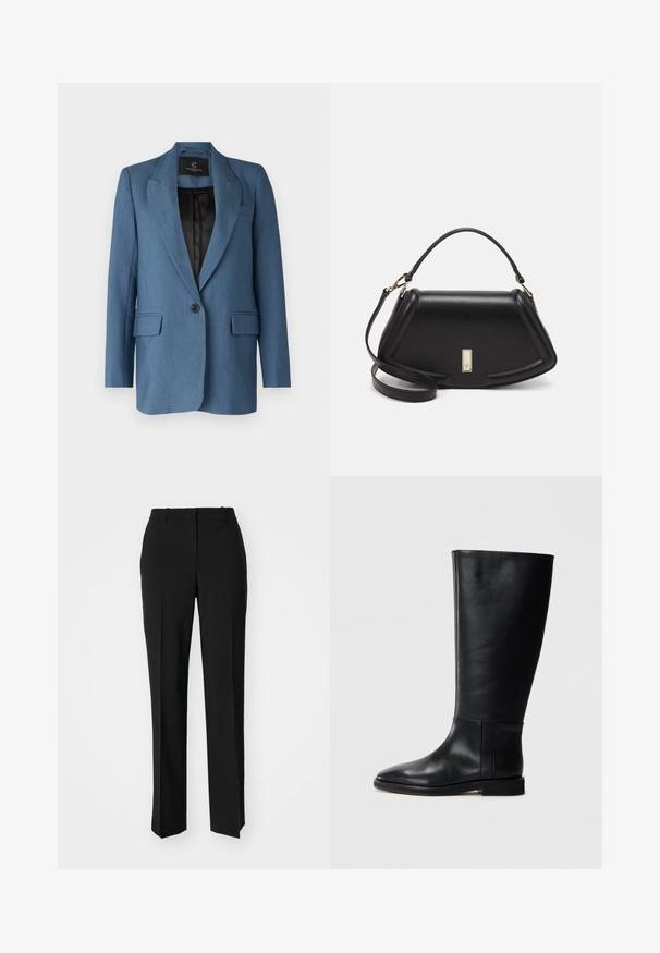 Bruuns Bazaar CINDYSUS petrol; Biała, krótka koszulka z szerokimi rękawami, wykonana z miękkiej bawełny, okrągły dekolt z delikatnym pomarańczowym wykończeniem, minimalistyczny design, bez wzorów i grafik.; Czarne spodnie o dopasowanym kroju z prostymi nogawkami, o gładkiej fakturze i wyraźnych zagięciach z przodu. Bez widocznych elementów metalowych.; Czarne skórzane kozaki za kolano z zaokrąglonym noskiem, gładką teksturą, minimalistycznym designem i płaską podeszwą. Proste detale szwów na cholewie.; Czarna skórzana torebka o strukturalnym designie, z przyciętą formą, górnym uchwytem i złotymi akcentami. W zestawie regulowany pasek na ramię.