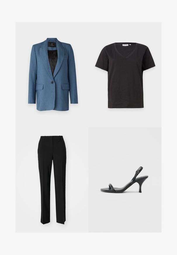 Bruuns Bazaar CINDYSUS - Blazer - indian teal; Zwarte katoenen T-shirt met een V-hals en korte mouwen. Eenvoudig ontwerp met een regular fit en zonder patronen of accenten.; Zwarte op maat gemaakte broek met een recht model, voorzien van een soepele textuur en scherpe plooien aan de voorkant. Geen zichtbare hardware.; Zwarte leren sandalen met hoge hakken, een slanke, gebogen hak en een gekruist bandontwerp. Verstelbare enkelband. Soepele textuur.