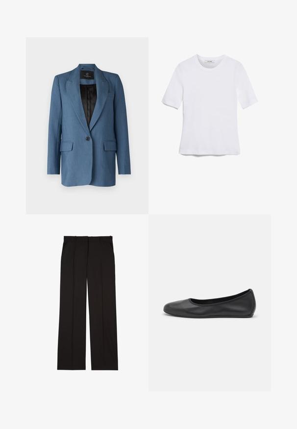 Bruuns Bazaar CINDYSUS - Blazer - indian teal; Camiseta de manga corta blanca hecha de tela de canalé. Cuello redondo, corte regular y detalles de costura sutiles. Sin patrones ni gráficos.; Pantalones negros ajustados hechos de una tela suave, con un diseño de pierna recta y dos bolsillos laterales. Construcción elegante y minimalista.; Bailarina de piel negra con punta redondeada, textura suave, detalle de costura minimalista y diseño de suela flexible.