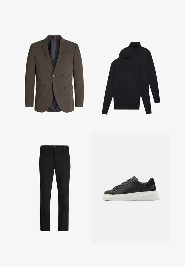 Blazer marrone scuro con un solo bottone, due tasche frontali e rever a punta. L'interno è foderato in tessuto nero per creare un contrasto.; Due maglioni a collo alto neri a maniche lunghe, lavorati a maglia semplice, impilati con uno leggermente dietro l'altro su uno sfondo bianco.; Pantaloni neri realizzati in un tessuto elegante, con un design classico, taglio dritto, chiusura frontale con bottone e tasche laterali.; Sneaker in pelle nera con suola in gomma bianca, dotato di lacci piatti e occhielli brandizzati. Texture morbida con un accento laterale a contrasto.