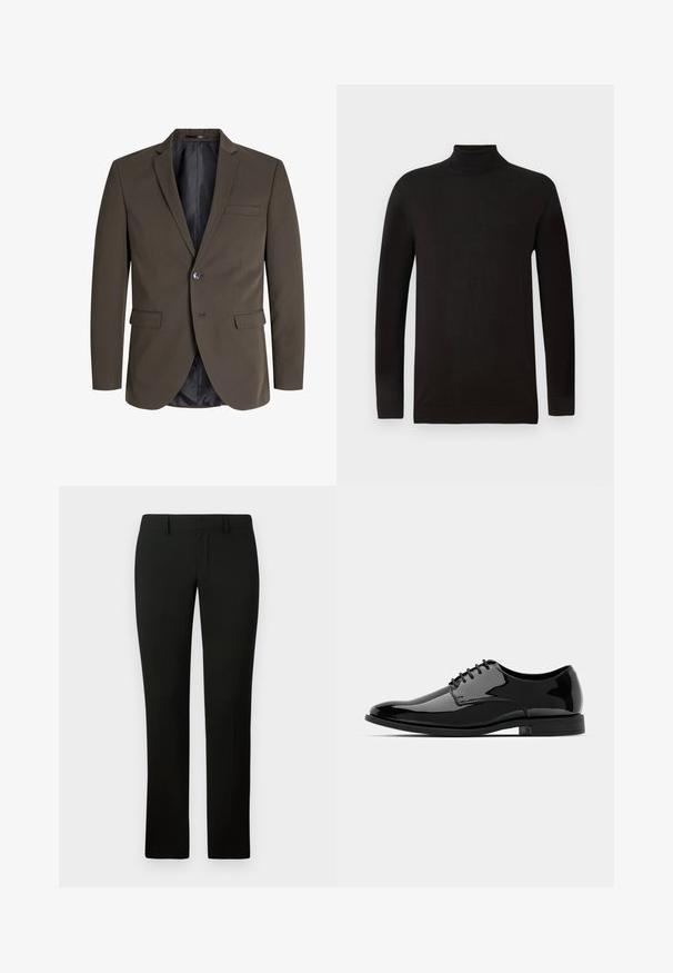 Tamsiai rudos spalvos bleizeris su vienu mygtuku, dviem priekinėmis kišenėmis ir notch apykakle. Vidus išklotas juoda medžiaga kontrastui.; Juodas merinos vilnos megztinis su aukšta apykakle. Ilgos rankovės ir prigludęs siluetas su gaubtu ir apačia sudarytais iš įripto audinio. Minimalus ženklinimas.; Juodos kelnės su pritaikytu šiuolaikiniu siluetu, pasižyminčios sklandžiu paviršiumi ir tiesaus kirpimo dizainu. Juosmuo turi diržo kilpas ir tvarkingą apdailą.; Juodas lakinės odos suknelės bateliai su apvaliu priekiu, su raišteliais ir lygiu, blizgiu paviršiumi. Turi žemą guminį padas.