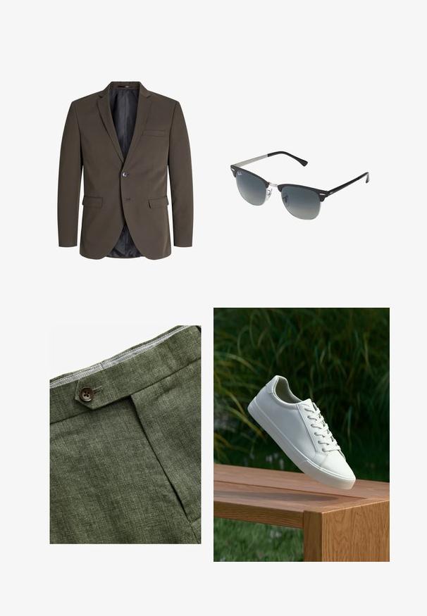 Tamno smeđi sako s jednim dugmetom, dva prednja džepa i reverom u obliku slova notch. Unutrašnjost je obložena crnom tkaninom radi kontrasta.; Svijetloplava košulja dugih rukava s dugim rukavima i klasičnim ovratnikom, ravnim rubom i suptilnom teksturom. Ima središnje kopčanje na gumbe.; Maslinaste zelene lanene hlače s prednjim nabora, s zatvaranjem na dugme i kontrastnom kariranom podlogom na pojasu.; Bijele tenisice s vezicama lebde iznad drvenih klupa uz pozadinu zelenog lišća, prikazujući dizajn i teksturu obuće.; Crne i srebrne sunčane naočale s oblikom mačjih očiju, lećama s gradijentom i metalnim detaljima na okviru. Plastične ručke s sivim vrhovima.