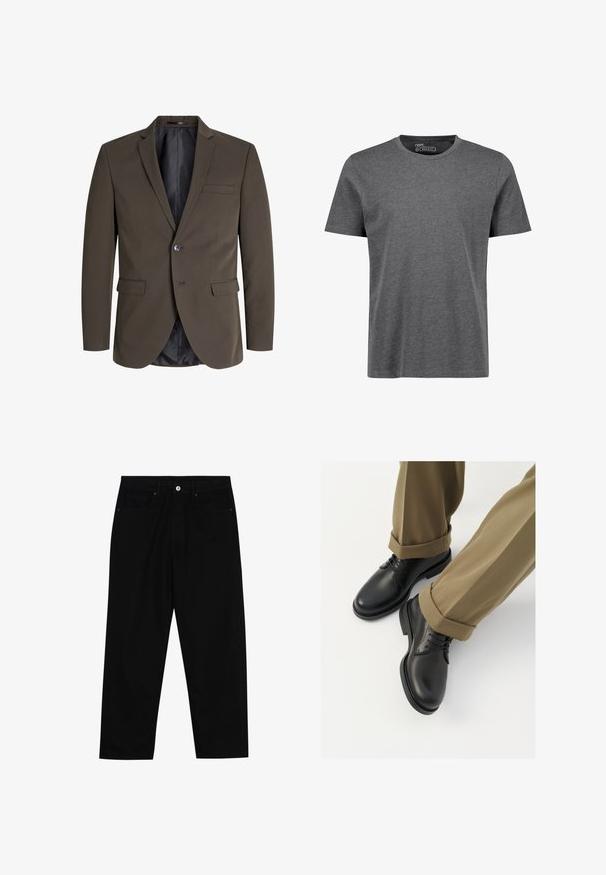 Tumši brūns žakets ar vienu pogu, divām priekšējām kabatām un izgrieztu apkakli. Iekšpuse ir izšūta ar melnu audumu kontrastam.; Pelēka, regulāra piegriezuma īsām piedurknēm T-kreklu, kas izgatavots no mīksta auduma. Tam ir apaļa kakla izgriezuma forma un plecu šuvēm ir minimāla šuvju detaļa.; Melni džinsi ar taisnu kāju griezumu, piecu kabatu dizainu un priekšēju pogu aizdari. Gluda tekstūra ar minimālu šuvju detaļu skaitu.; Melnas ādas kleita apavi ar gludu virsmu, ar auklēm un noapaļotu purngalu, apvienoti ar sarullētām kaķi biksēm.