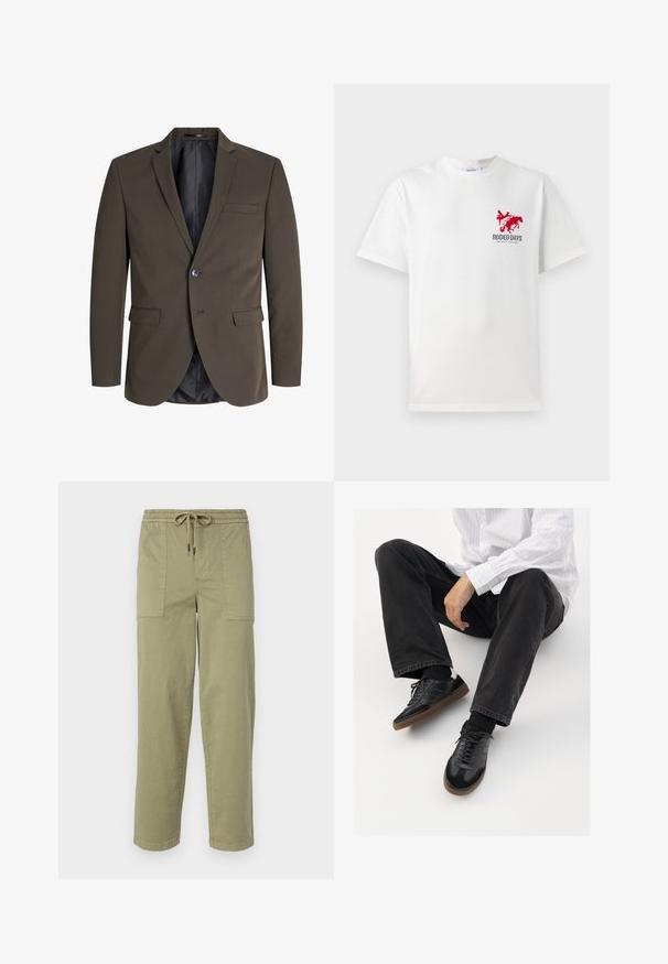 Dark brown blazer with a single button, two front pockets, and a notch lapel. The interior is lined in black fabric for contrast.; White cotton t-shirt featuring a red cowboy and horse graphic on the left chest with "RODEO DAYS" text beneath the design.; Light olive green pants made of cotton blend fabric, featuring an elastic waistband with drawstring, and two large side pockets.; Black sneakers with a smooth and textured upper, featuring a rubber sole and dark laces. Paired with black jeans and a white striped shirt.