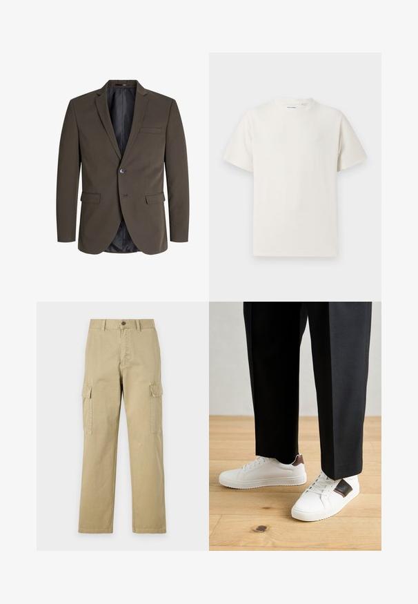 Sacou maro închis, cu un singur nasture, două buzunare frontale și revere cu tăietură. Interiorul este căptușit cu țesătură neagră pentru contrast.; Tricou alb cu maneci scurte, dintr-un material ribbed. Guler rotund, croi lejer, fără modele sau accente vizibile. Design simplu și versatil.; Pantaloni cargo bej din bumbac, cu două buzunare laterale, închidere cu nasture și picioare drepte dintr-un material ușor texturat.; Sneakers albe cu textură netedă, având accente din piele maro și detalii negre, asociate cu pantaloni negri pe măsură. Fundal din podea din lemn.