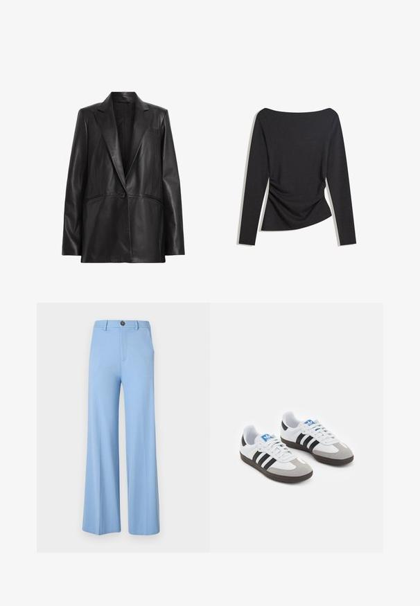 Mustat nahkatakki, jossa on leikattu kaulus, yksittäinen napitus ja kaksi sivutaskua. Tasainen rakenne ja räätälöity istuvuus.; Mustassa pitkähihaisessa tiukassa paidassa on venepääntie ja pieni rypytys toisella puolella vyötäisillä, ilmoitettuna tasaisesti valkoista taustaa vasten.; Vaaleansiniset leveälahkeiset housut, jotka on valmistettu sileästä kankaasta. Niissä on nappisuljenta ja etutaskut. Siisti, muotoiltu muotoilu ilman kuvioita.; Urheilukengät, joissa on valkoinen nahkainen päällinen, harmaa mokkanokka ja kolme mustaa raitaa. Ominaisuuksina sininen logo kielekkeessä ja kuvioitu kumipohja.