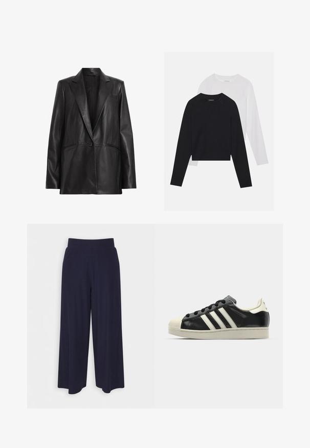 Blazer de couro preto com lapela recortada, fecho de botão único e dois bolsos laterais. Textura suave com um ajuste sob medida.; Duas camisas de manga longa: uma preta e uma branca. Ambas apresentam um decote redondo, mangas raglan e um tecido macio em mistura de algodão.; Calças largas em tecido azul-marinho escuro com uma textura ribada. Apresenta uma cintura suave e uma silhueta fluida, atingindo o comprimento até metade da panturrilha.; Sapatilha de couro preto com riscas brancas, biqueira de borracha, atacadores pretos e sola na cor creme. Textura suave com acabamento brilhante.