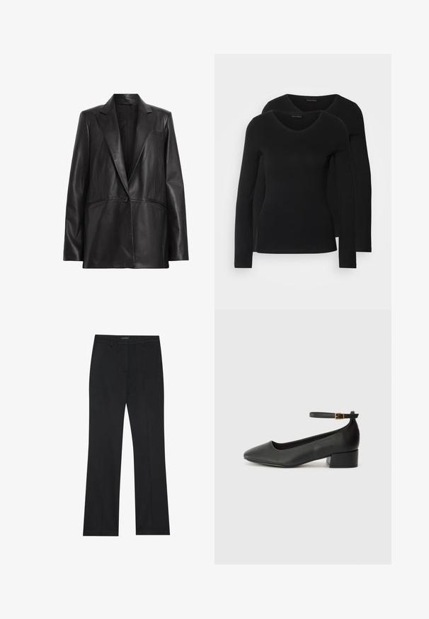 Black leather blazer with a notched lapel, single button closure, and two side pockets. Smooth texture with a tailored fit.; Two black long-sleeve shirts with a V-neck design, made of soft, stretchy fabric, showing smooth texture and a fitted shape.; Black trousers featuring a straight cut, smooth fabric, and no visible patterns. Designed with classic front pockets and a zip fly.; Black leather pump with a pointed toe and a low block heel. Features an ankle strap with a gold-tone buckle. Smooth texture.