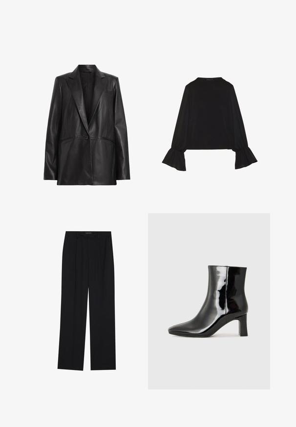 Čierny kožený blazer s klopovým golierom, zapínaním na jedno tlačidlo a dvoma bočnými vreckami. Hladká textúra s prispôsobeným strihom.; Čierny top s dlhými rukávmi, flitrovanými manžetami, mäkkou textúrou a voľným strihom, s jednoduchým okrúhlym výstrihom.; Čierne nohavice so strihom rovného nohu, s dvoma prednými vreckami a pásom. Vyrobené z hladkej, ľahkej textílie.; Čierne lakované členkové topánky s špicatou špičkou a stredne vysokým blokovým podpätkom. Hladká textúra a minimalistický dizajn.