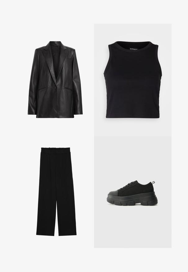 Mustat nahkatakki, jossa on leikattu kaulus, yksittäinen napitus ja kaksi sivutaskua. Tasainen rakenne ja räätälöity istuvuus.; Musta ribattava lyhythihainen toppi pyöreällä pääntiellä ja hihattomalla muotoilulla. Valmistettu pehmeästä, joustavasta kankaasta, jossa on siistit reunapainatukset.; Musta leveälahkeinen housut, joissa on röyhelövyötärö, kaksi sivutaskua ja sileä, kevyt kangas. Ei näkyviä kuvioita tai metalliosia.; Mustat urheilukengät, joissa on paksu kumipohja, teksturoitu kangasvarsi, pyöreä kärki ja nauhalukitus. Varusteena vahvistetut nauhareiät ja takana vetotanko.