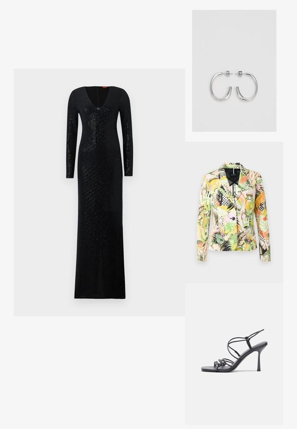 Marc Cain Sacou - deep olive green; Rochie lungă neagră cu decolteu în V și mâneci lungi. Confecționată dintr-un material texturat cu linii verticale și paiete strălucitoare pe întreaga suprafață.; Sandale negre cu toc înalt au curele subțiri cu un design legat, un vârf pătrat neted și un toc stiletto elegant.; Geantă metalică gri deschis, cu un strap din lanț, decorată cu mici ținte circulare metalice și un logo de marcă triangular.; Cercei rotunzi din argint cu un finisaj neted și strălucitor. Design ușor, având o formă rotundă și închidere cu tijă.