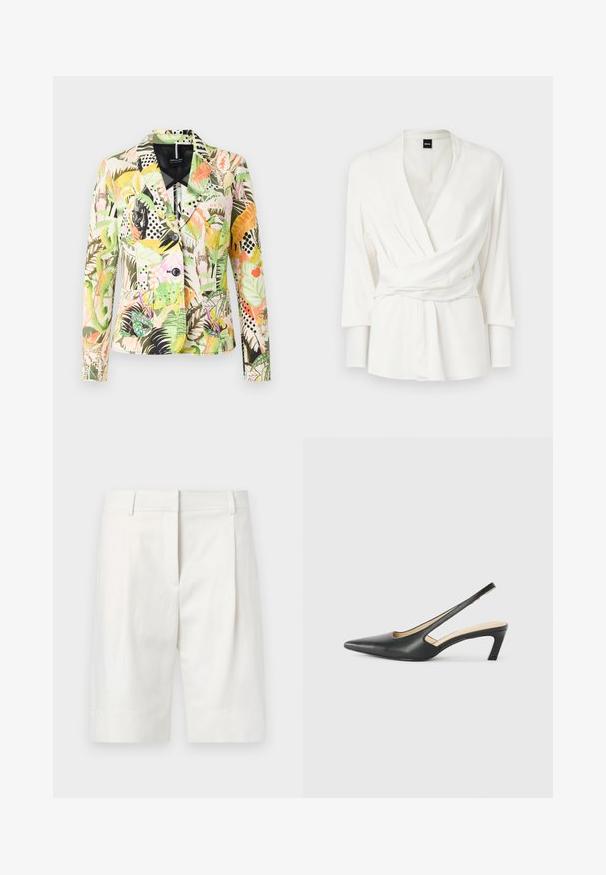 Marc Cain Blazer - deep olive green; Hvid indpakningsbluse med lange ærmer, v-hals og bæltedetalje i taljen. Fremstillet af et glat, draperende stof.; Lystfarvede skræddersyede shorts lavet af bomuld, med flad front, folder og lige snit. Glat tekstur med en klassisk finish.; Sorte spidse slingback-sko med en lav hæl, lavet af glat læder og med udskæringer på siden for åndbarhed.