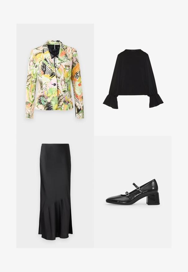 Marc Cain Blazer - deep olive green; Black long-sleeve top featuring flared cuffs, soft texture, and a relaxed fit, with a simple round neckline.; Black satin midi skirt with a sleek design, featuring a slight flare at the hem and side slit for ease of movement. Smooth texture.; Black patent leather Mary Jane shoes with a pointed toe, two adjustable straps, and a chunky block heel. Smooth texture and glossy finish.