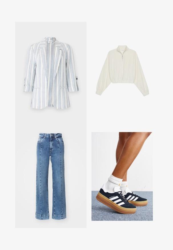 Sacou striped cu dungi verticale albastre deschise și albe, realizat dintr-un material ușor, cu guler tip notched și mâneci rostogolite.; Pulover scurt din stofă crem, cu guler înalt, închidere cu fermoar pe jumătate, elastic la margini și la manșete, cu o textură netedă și un design minimalist.; Jeans din denim albastru deschis, cu picior larg și talie înaltă, având buzunare frontale și detalii cusute. Funda este ruloyată și coasă.; Adidași negri din piele întoarsă cu dungi și accente albe, vârf rotund, talpă de cauciuc gumă, asortați cu șosete albe cu model nervurat.