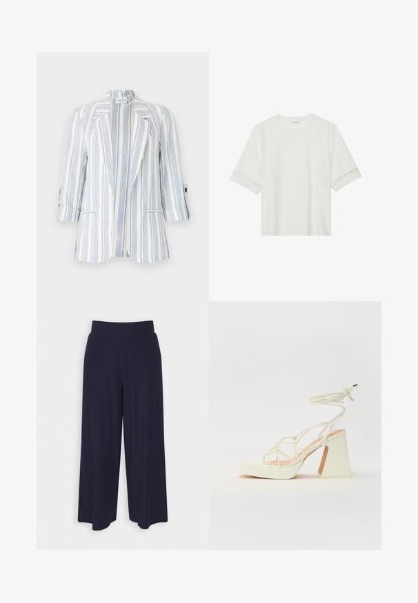 Svītrains bleiseris ar gaiši ziliem un baltajiem vertikālajiem svītrām, izgatavots no viegla auduma, ar iegriezumu kakla daļā un sarullētām piedurknēm.; Balta īsām piedurknēm T-kreklu, izgatavotu no kokvilnas, ar dekoratīvu mežģīņu apdari ap piedurknēm un apaļu kakla izgriezumu.; Platas kājas bikses tumši zilā audumā ar svītrainu tekstūru. Aprīkotas ar gludu jostasvietu un plūstošu siluetu, sasniedzot vidus teļus.; Baltas augstpapēžu sandales ar masīvu papēdi, ar siksnu dizainu un potītes saistītiem elementiem. Gluda tekstūra ar platformu priekšpusē, lai nodrošinātu papildu augstumu.