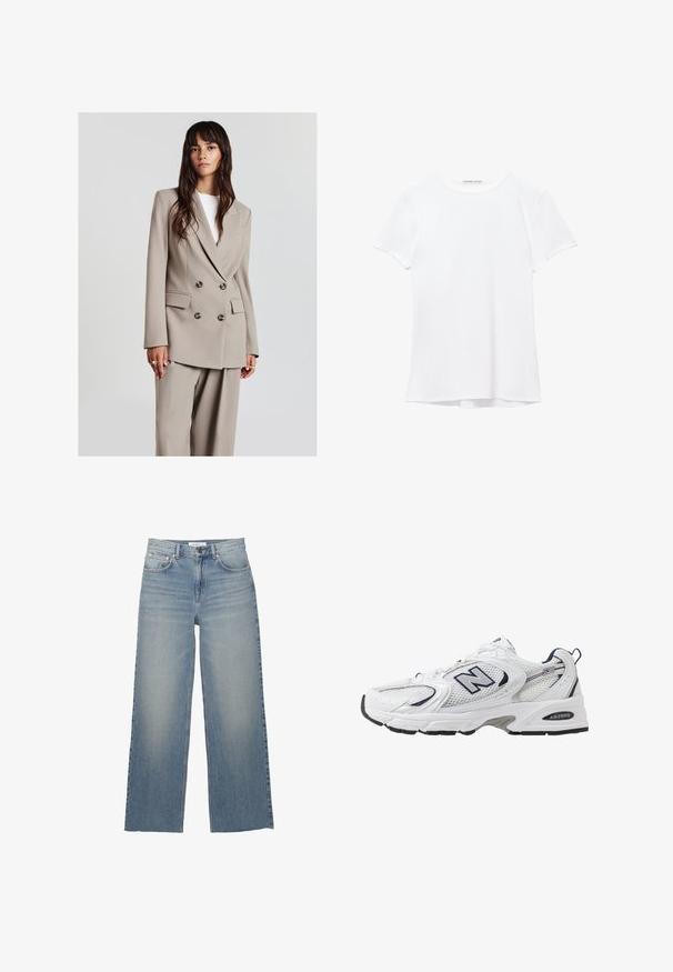 Giovane donna con lunghi capelli castani indossa un blazer beige doppiopetto e pantaloni larghi abbinati, in piedi di fronte a uno sfondo chiaro uniforme.; T-shirt bianco a maniche corte realizzato in tessuto liscio, caratterizzato da un colletto rotondo e dettagli di cucitura discreti all'orlo.; Jeans a gamba larga di un azzurro chiaro, realizzati in denim, con vita alta, tasche frontali e chiusura con bottone. Texture liscia con zone sbiadite.; Scarpa sportiva bianca con tomaia in mesh, dettagli in blu marino e suola imbottita. Presenta il logo "N", lacci e dettaglio texturizzato sul lato.