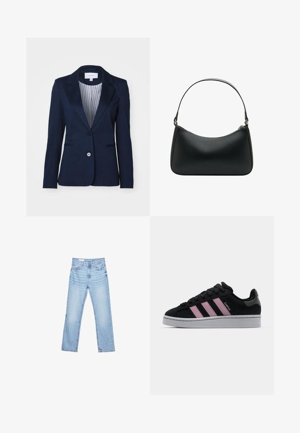 Granatowa marynarka wykonana z gładkiego materiału, z wyraźnymi klapami, zapinana na jeden guzik, z prążkowaną podszewką. Dwie kieszenie z przodu.; Kremowy sweter z brązowymi poziomymi paskami, z okrągłym dekoltem, skróconym dołem i ściągaczami przy mankietach. Miękki materiał dzianinowy.; Jasnoniebieskie dżinsy o prostym kroju, z pięcioma kieszeniami i widocznym przeszyciem. Średni stan z klasycznym zapięciem na guzik i zamek.; Czarne zamszowe sneakersy z różowym designem w trzy paski, szara guma podeszwy i teksturowany język. Na boku i pięcie znajduje się branding.; Czarna skórzana torba na ramię o zakrzywionym kształcie, z pojedynczym płaskim paskiem i zamknięciem na zamek błyskawiczny u góry. Gładka tekstura z minimalnymi detalami metalowymi.