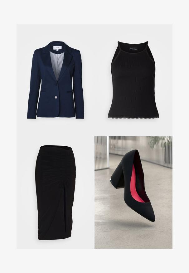 Navy mėlynas švarkas, pagamintas iš lygaus audinio, su įpjovu apykakle, vieno mygtuko užsegimu ir dryžuota pamušalu. Du priekiniai kišeniai.; Juodas raštuotas marškinėlis be rankovių su banginiu nėriniu apdaila apatine dalimi. Savybės: plonos petnešos ir prigludusi forma. Pagaminta iš tamprios medžiagos.; Juoda, raukšlėta pieštuko sijonas su raišteliu ir šoniniu įpjovimu. Pagamintas iš elastingos medžiagos, pasižymi lygiu paviršiumi ir prigludusia forma.; Juodas aukštakulnis batai su smailiu pirštu, su tekstūruota paviršiumi ir ryškiai rožiniu vidumi. Su tiek dideliu kulnu, tiek sidabriniu akcentu.