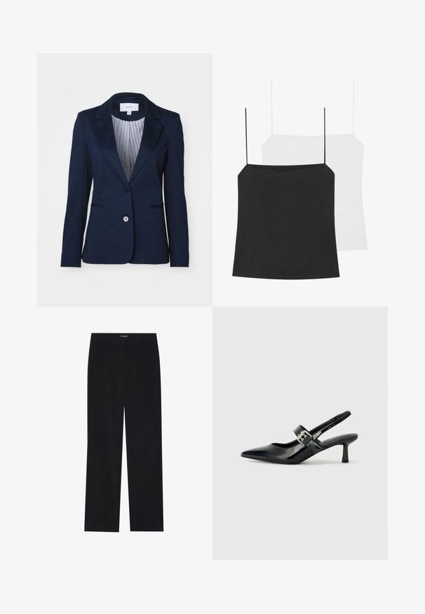 Tums zils žakets, izgatavots no gludas auduma, ar izgrieztu apkakli, vienu pogu aizdari un svītrainu iekšējo oderi. Divas priekšējās kabatas.; Parādīti divi kamzoli: viens melns un otrs balts. Abiem ir plānas siksniņas un pieguļoša forma, kas izgatavota no gludas, elastīgas auduma.; Melni korduroja bikses ar taisnu piegriezumu, ar plakanu jostasvietu un bez redzamām kabatām, gluda tekstūra un vertikālas ribas detaļa.; Melnas lakotas ādas sūkņa kurpes ar norādītu purngali un mazu bloku papēdi, ar sudraba sprādzi akcentā uz jostas.