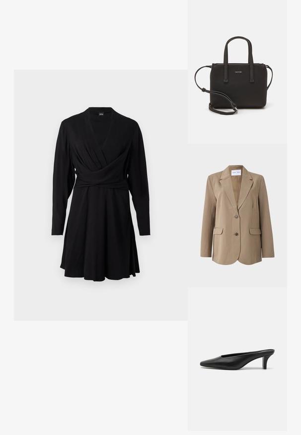 Beige blazer with a notched lapel, two front pockets, and a single button closure. Smooth fabric with a tailored fit.; Black wrap dress made of soft fabric, featuring long sleeves, a V-neckline, and a flared skirt, designed for a fitted silhouette.; Black leather pointed-toe mules with a low stiletto heel. Smooth texture, minimalistic design, and open back for easy wear.; Black handbag with dual short handles and a removable shoulder strap. Smooth leather-like material with a zip closure and logo detail.