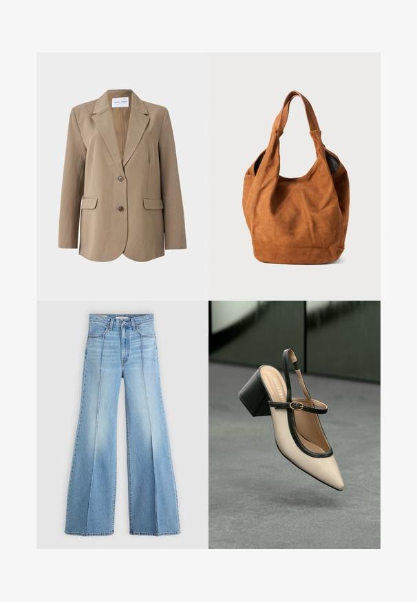 Blazer beige avec un col cranté, deux poches avant et une fermeture à un bouton. Tissu doux avec une coupe ajustée.; Sweat à col rond de couleur marron en matériau doux, avec des manches ballon longues et un ourlet côtelé. Texture lisse avec un minimum de détails.; Jean taille haute bleu clair avec jambes larges, poches avant et arrière, passants de ceinture et détails de coutures verticales à l'avant.; Escarpin beige à bout pointu et bride arrière, avec des finitions noires, une boucle dorée et un talon bloc épais, posé sur un sol gris avec un fond vert foncé.; Sac à épaule en daim brun avec une texture douce, une forme incurvée et deux poignées. Il présente un design minimaliste sans matériel ou accents visibles.
