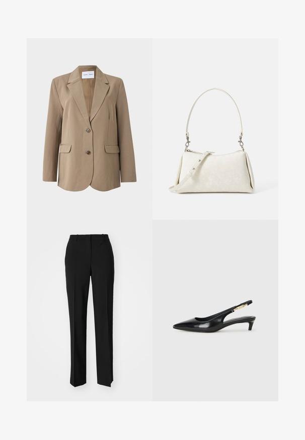 Blazer beige avec un col cranté, deux poches avant et une fermeture à un bouton. Tissu doux avec une coupe ajustée.; Haut en tricot sans manches blanc avec un col rond, ourlet côtelé et détails de couture sur les côtés ; présente une petite étiquette de marque en bas.; Pantalon noir ajusté avec une coupe droite, présentant une texture lisse et des plis nets sur le devant. Aucune quincaillerie visible.; Talons hauts en cuir noir avec un bout pointu, dotés d'un talon fin et d'un accent en ton or sur la lanière réglable. Texture lisse.; Sac à main blanc avec une texture lisse, une silhouette incurvée et une bandoulière réglable. Présente un motif de logo subtil et des accents en métal argenté.