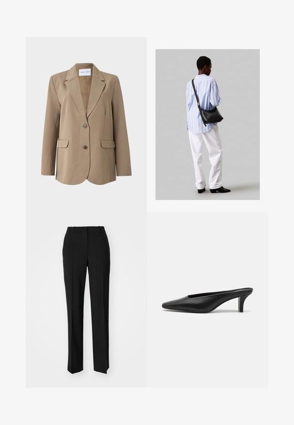 Beige blazer with a notched lapel, two front pockets, and a single button closure. Smooth fabric with a tailored fit.; White cropped T-shirt, short wide sleeves, soft cotton material, round neckline with subtle orange trim, minimal design, no patterns or graphics.; Black tailored trousers with a straight-leg design, featuring a smooth texture and crisp creases along the front. No visible hardware.; Black leather pointed-toe mules with a low stiletto heel. Smooth texture, minimalistic design, and open back for easy wear.; Black leather shoulder bag with a soft texture, triangular shape, and adjustable strap, paired with a light blue striped shirt and white pants.