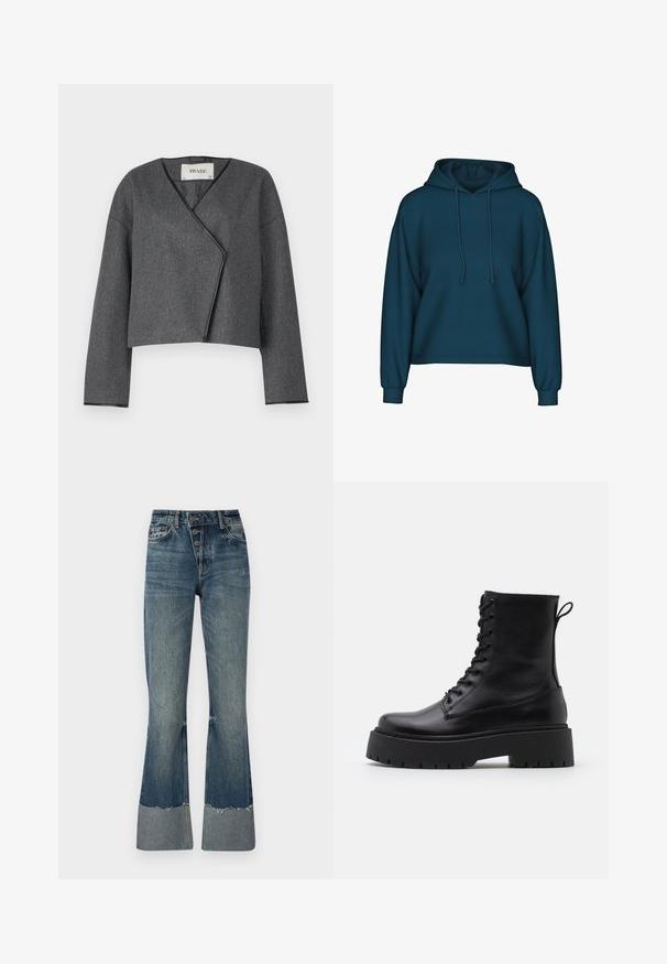 Grau geschnittene Jacke mit Wickeldesign, aus strukturiertem Stoff, mit V-Ausschnitt und langen Ärmel mit schwarzem Besatz.; Teal Pullover-Hoodie mit Kordelzug-Haube, langen Ärmeln und gerippten Bündchen. Hergestellt aus weichem Stoff mit einer lockeren Passform.; Jeans aus Denim in mittlerem Blau mit hoher Taille, fünf Knöpfen und ausfransendem Saum. Mit einem helleren Bündchen am Ende und verblasster Textur.; Schwarze Lederstiefeletten mit runder Zehenpartie, Schnürung vorne und einer dicken Gummisohle mit strukturiertem Profil. Mit Zugschlaufe an der Rückseite.