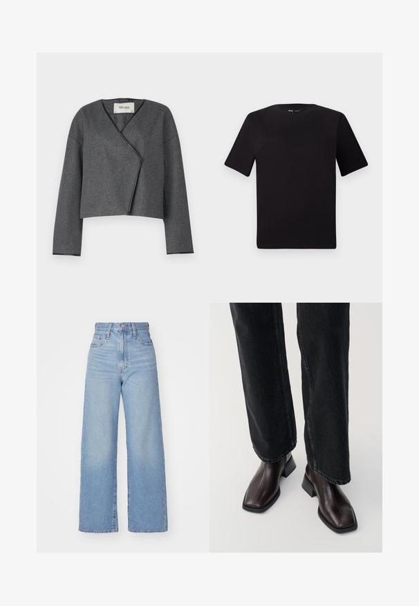 Gray cropped jacket with a wrap design, made of textured fabric, featuring a v-neck and long sleeves with black trim.; Black short-sleeve t-shirt with a round neckline, crafted from soft cotton fabric. Simple design, no visible logos or patterns.; Light blue high-waist wide-leg jeans with front button and zip closure, front and back pockets, on a white background.; Brown leather ankle boots with a square toe and block heel, paired with black wide-leg jeans. Smooth texture and minimalistic design.