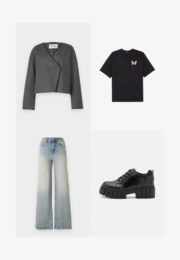 Grå kort jacka med ett omslagdesign, tillverkad av texturerat tyg, med v-ringad hals och långa ärmar med svarta detaljer.; Svart bomullströja med korta ärmar, med en liten rosa fjärilsgrafik på vänster bröst. Rundad halsdesign med en avslappnad passform.; Ljusblå vida jeans gjorda av denim, med hög midja, fem fickor och synlig sömnad längs sömmarna.; Svarta läderplattformsskor med en kraftig blockklack, rund tå och traditionell snörningsdesign. Har en slät textur och minimal detaljering.