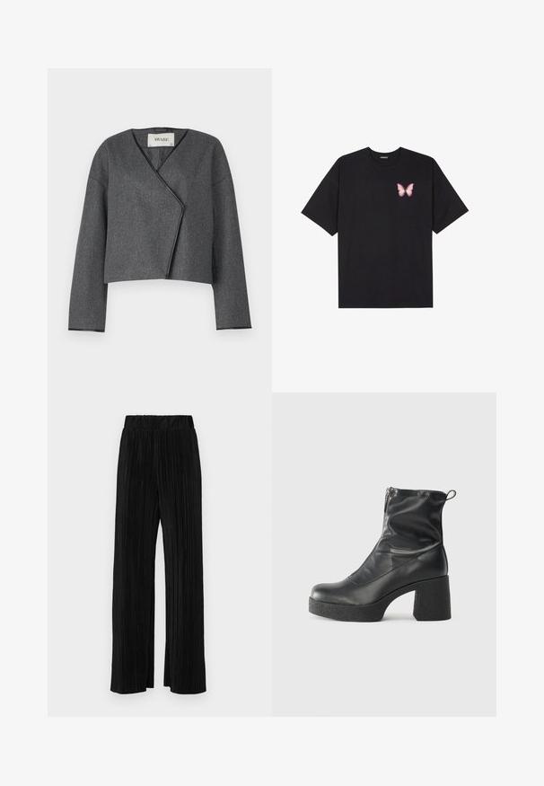 Sivi kratki jakna s preklopnim dizajnom, izrađena od teksturirane tkanine, s v-izrezom i dugim rukavima s crnim rubom.; Crna pamučna majica s kratkim rukavima, s malim grafičkim prikazom ružičaste vjetricaste s desne strane na prsima. Dizajn s okruglim izrezom i opuštenim krojem.; Crne plisirane hlače s elastičnim pojasom. Imaju široke nogavice i glatku, teksturiranu tkaninu s vertikalnim prugama.; Crne gležnjače od glatke kože, s bočnim zatvaračem, debelim teksturiranim potplatom i dizajnom s zaobljenim prstima.