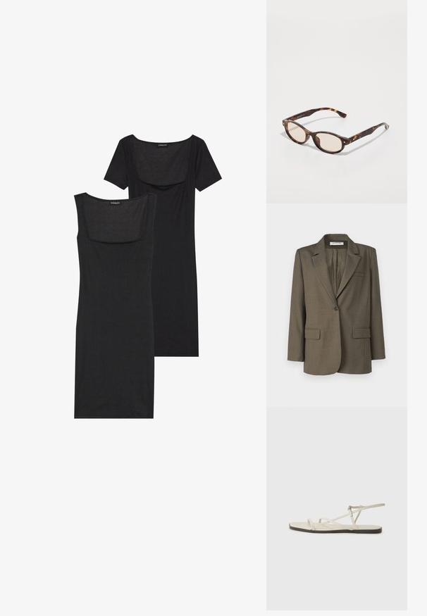 Olive green blazer with a notched lapel, single button closure, two front pockets, and a plain texture. Tailored fit with a back vent.; Black bodycon dress with a square neckline, short sleeves, and ribbed texture. Two variations: light black and deeper black shades shown.; Beige flat sandal with multiple slender straps and an adjustable buckle. The sole is flat with a slight dark contrast at the edge.; Tortoiseshell sunglasses with a rounded shape and light lenses. Features sturdy arms with small gold accents, made from plastic material.; White structured handbag with short handles and a shoulder strap, featuring gold hardware accents and textured material, displayed against a grey background.